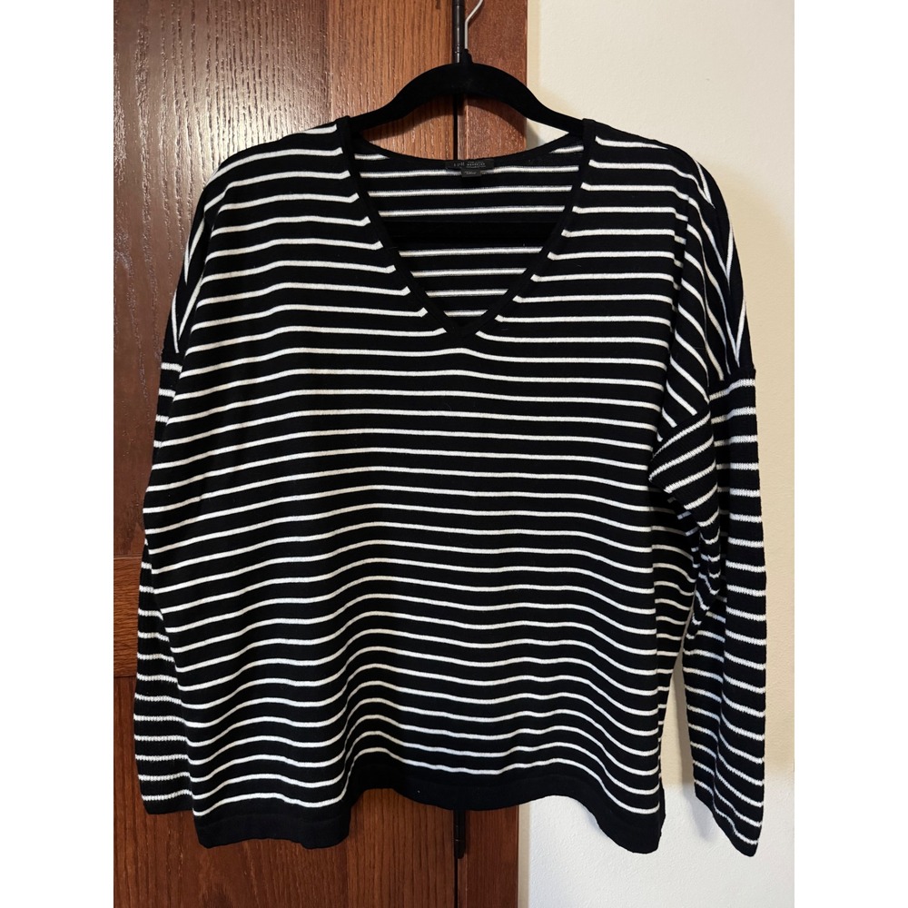 J. Jill Wearever V-Neck Striped Sweater Black White XL Petite Cotton Blend 2601